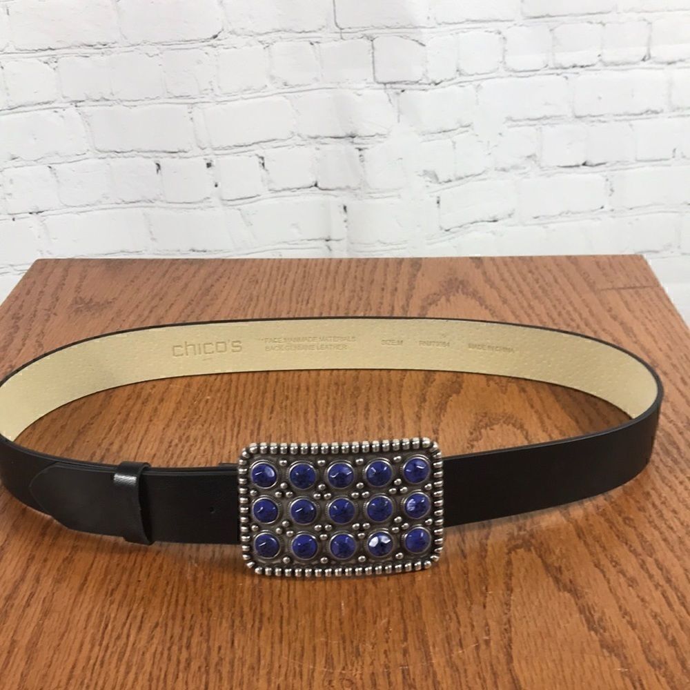 Chico’s Black Leather belt, silver buckle inlaid with faux royal blue stones EUC